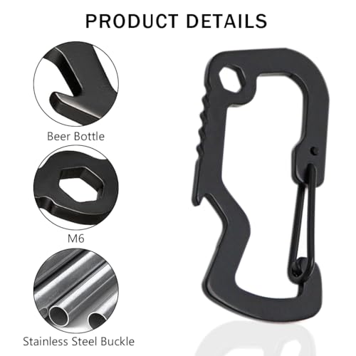HASTHIP® Proberos 5PCS Black D-Shaped Stainless Steel Carabiner Clips with Bottle Opener, Locking Snap Hooks for Camping, Hiking, Backpack, Outdoor Gear