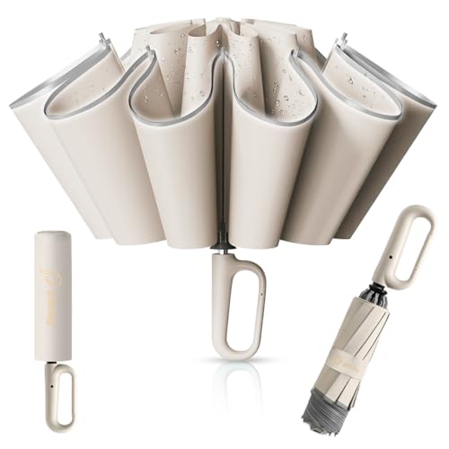 HASTHIP® 50'' Large Umbrella with Reflective Strip, Auto 3-Fold Compact Travel Umbrella, Carabiner Handle, Reinforced 10 Dual Ribs, Sun Protection 99% UV & Rain & Windproof for Men Women (Beige)