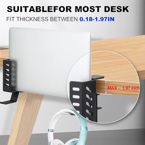 HASTHIP® 2 in 1 Tablet and Laptop Holder for Desk Edge, Aluminum Alloy Adjustable Stand Organizer with Headphone Hook, Secure Screw Mounting, Space Saving Desktop Headset Support for All Headphones