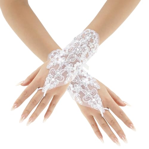 HASTHIP® Guantes de Encaje Blanco sin Dedos para Mujer - Guantes de Boda Elásticos Malla Elegantes para Novia,Damas Honor,Fiesta y Vestidos Formales