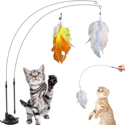 HASTHIP® Cat Feather Toy with Suction Cup Base, Dual-Wire Wand Interactive Teaser with Colorful Feathers for Indoor Cats Play and Exercise