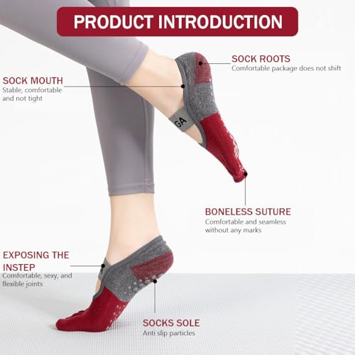 HASTHIP® 3 Pairs Yoga Socks for Women, Breathable Cotton 5-Toe Socks for Women, Anti Skid Women Socks, Elastic Strap Design for Pilates, Dance, Barre, Home Workout & Barefoot Fitness