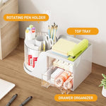 HASTHIP® Stationary Organizers Box, Desk Storage Box and Organiser with 2 Pull Out Drawer, 360° Rotating Pen Stand for Office Stationery Supplies, Study Table Organiser
