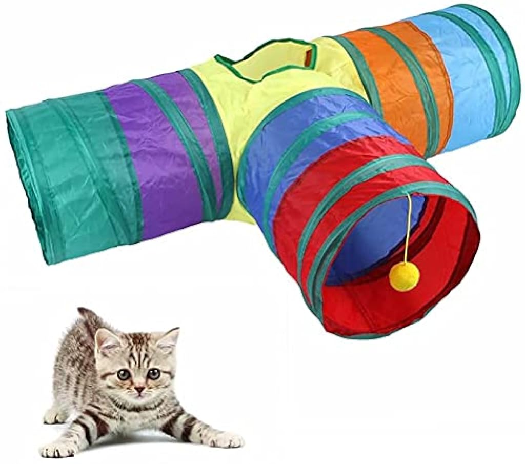 HASTHIP® Juguete Túnel para Gatos 3 en 1 Arcoíris Plegable con Papel Crujiente y Pelota,Tubo Interactivo para Mascotas Pequeñas,Ejercicio Escondite y Entrenamiento Interior Exterior