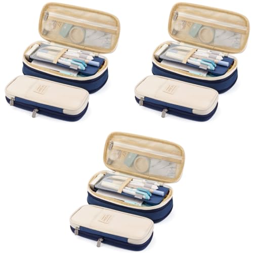 HASTHIP® Nylon Large Capacity Pencil Pouch Durable Storage Multiple Compartment Double Zipper Portable Box for Kids College Student Teen 22X11Cm Navy Blue 3 PCS