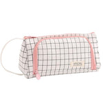 HASTHIP® Pink Schoolgirls Plaid Canvas Pencil Case - Large Capacity Pencil Bag with Multiple Interior Compartments & Handle, Fashionable Stationery Organizer for Students, Travel & Cosmetics
