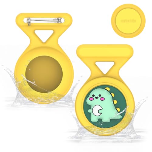 HASTHIP® Waterproof AirTag Holder Cartoon Dino Yellow Brooch Pin AirTag Holder Silicone Waterproof AirTag Holder Anti-lost Brooch Pin AirTag Holder for Kids, Luggage, Bag, Backpack