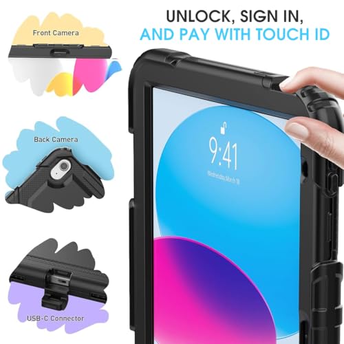 HASTHIP® Cover Case for iPad 10th Gen Rugged Silicone Case Cover with Back Bracket & Hand Strap 360 Degree Rotatable Kickstand Bracket Design Protective Case for iPad 10th Gen