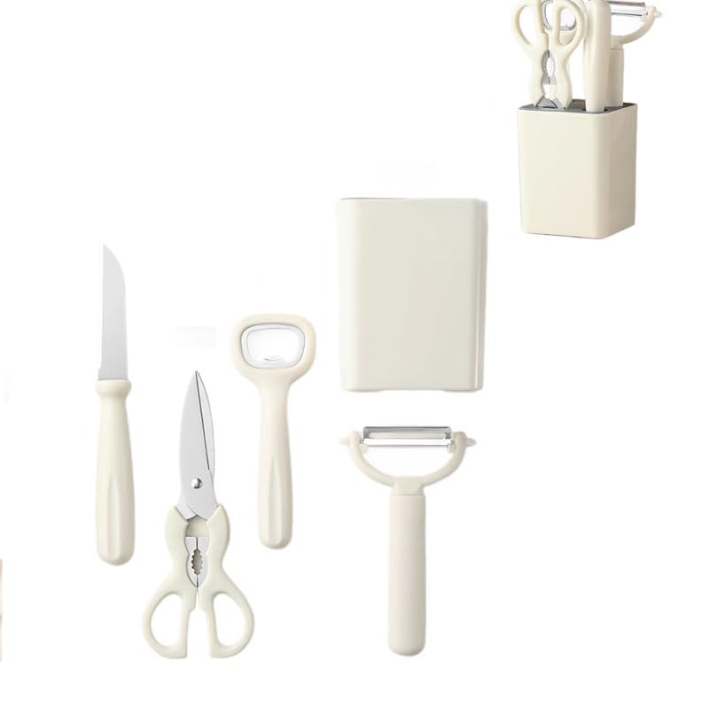 HASTHIP® 5-piece set of kitchen small tools , fruit set with storage seat, melon planer, scissors combination-White