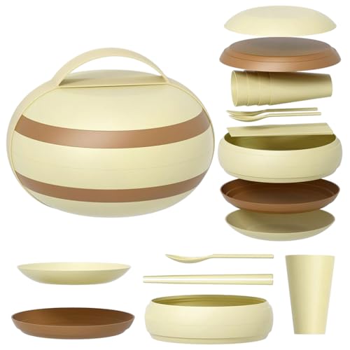 HASTHIP® Outdoor Dishes Set, Lightweight Plastic Dinnerware Cutlery Sets of 17Pcs Food-Grade Light-Weight, Daily Use Crockery Set for Dining with Bowl, Cup Spoon, for Camping Picnic Travel Kitchen