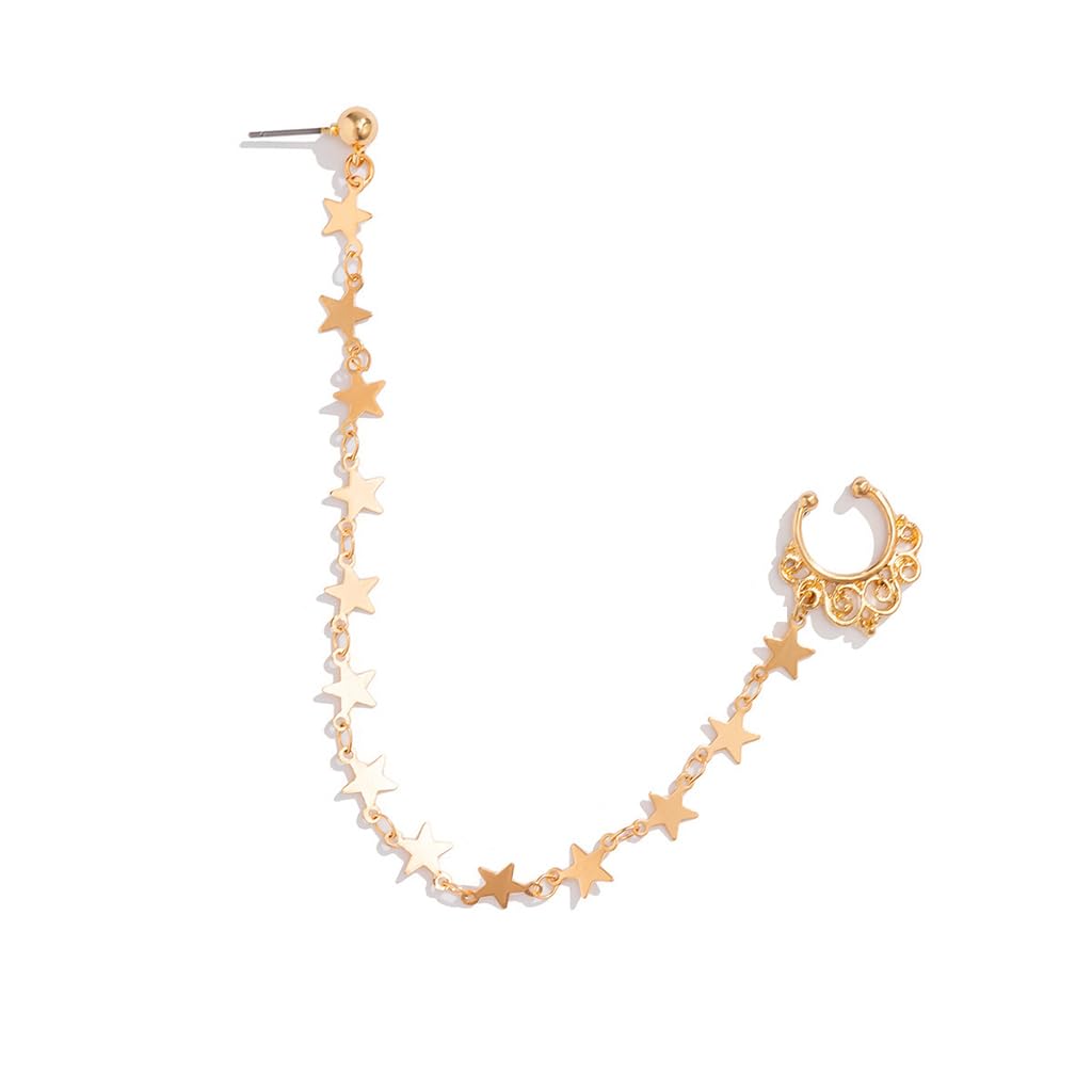 HASTHIP® Anillo de Nariz y Pendientes de Clip Estilo Bohemio para Mujer,Joyas Doradas con Cristales,Perlas y Cadena Estrella Accesorio Sin Perforación para Oreja Nariz