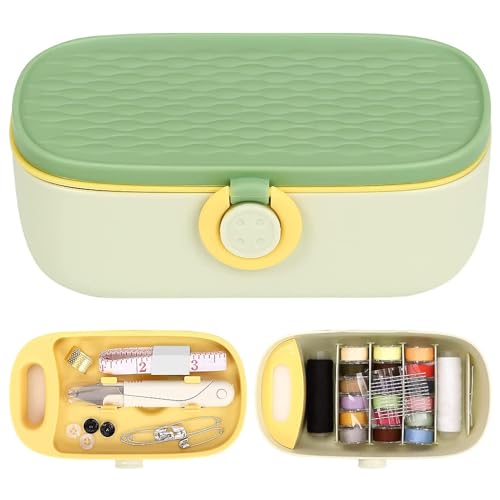 HASTHIP® Portable Sewing Kit Box, Complete Needle and Thread Set for Home, Travel and DIY, Includes 16 Multi-Color Threads, Scissors, Thimble, Threader, Tape Measure, Buttons, Clips