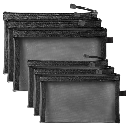 HASTHIP® 6 Pack Mesh Makeup Bags, Nylon Zipper Pouches for Cosmetics, Travel Organizer for Home, Office, Purse, Diaper Bag - Black