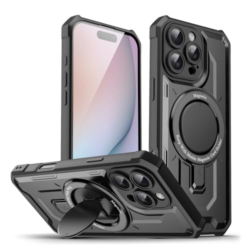 HASTHIP® for iPhone 15 Pro Max Case Compatible with MagSafe, 360° Rotatable Folding Stand with Ring Grip, Magnetic Shockproof TPU PC Protective Cover, Slim Anti-Scratch Clear Back