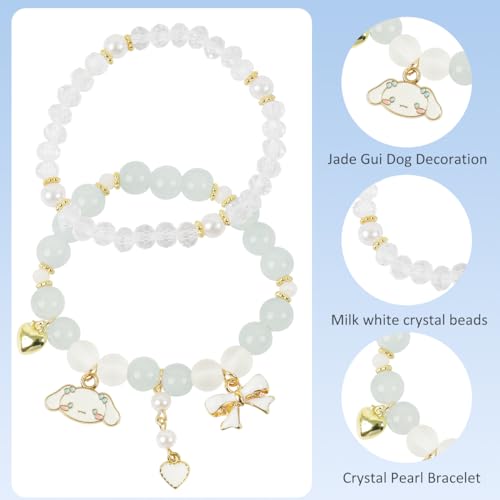 HASTHIP® 2pcs Crystal Bead Bracelet for Woman Girls Cinnamoroll Charm Friendship Bracelet for Girls, Dual Layered Cartoon Beige Elastic Bracelet for Women Girls Teens Birthday Christmas Gift