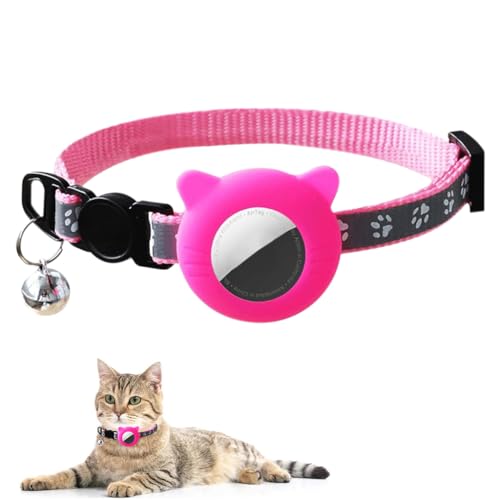 HASTHIP® Pink Cat Collar with Silicone Airtag Holder, Reflective Airtag Case Cat Collar with Bell Quick Release Adjustable Cat Collar