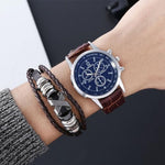 HASTHIP® Wrist Watches for Men And Bracelet Set - Elegant Leather Band Watch & Matching Braided PU Bracelet Gift Birthday Gifts for Men, Watches for Men Under 500, Black Dial and Brown Strap