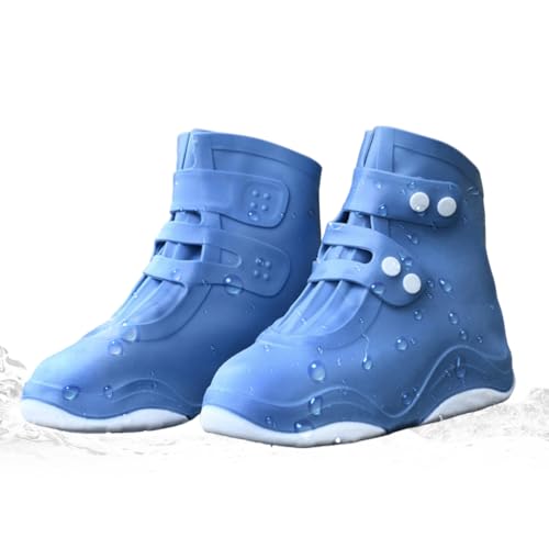 HASTHIP® Silicone Shoe Rain Cover for Men Waterproof Shoe Cover, Outdoor High Top Shoe Cover, Anti-slip Puncture Proof Sole Design Outdoor Shoe Rain Cover with Button Closure, US Size 7.5-9, Blue