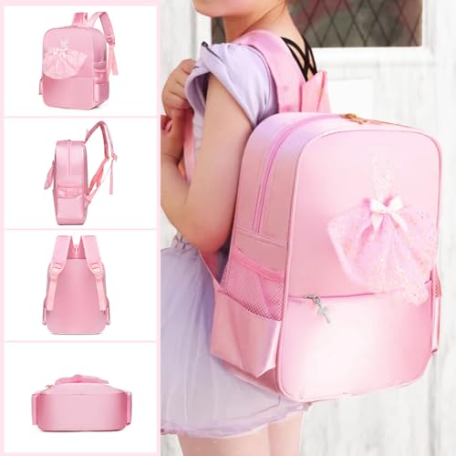 HASTHIP® Girls Backpack, Pink Ballet Dress School Bag, Waterproof Nylon Bookbag for Kids, Cute Dance Class Backpack with Zipper, Large Capacity Travel Bag, Birthday Christmas Gift for Girls Students