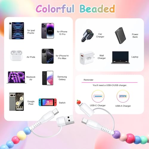 HASTHIP® Cable USB C 4 en 1 Multi Beaded 3.3FT 66W Cargador Rápido MFi Certificado Compatible con iPhone 16/15 Pro Max, iPad, Galaxy S25/S24, USB A Tipo C iOS