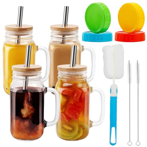 HASTHIP® 4Pcs 16oz Mason Jar Glass Cups with Handle, Lids & Straws, Cold Brew Iced Coffee, Tea, Smoothie, Juice Drinking Glasses for Home & Outdoor