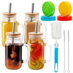 HASTHIP® 4Pcs 16oz Mason Jar Glass Cups with Handle, Lids & Straws, Cold Brew Iced Coffee, Tea, Smoothie, Juice Drinking Glasses for Home & Outdoor