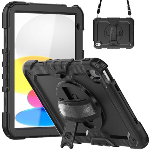 HASTHIP® Cover Case for iPad 10th Gen Rugged Silicone Case Cover with Back Bracket & Hand Strap 360 Degree Rotatable Kickstand Bracket Design Protective Case for iPad 10th Gen