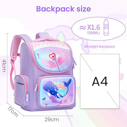 HASTHIP® Mermaid School Backpack for Girls,Large Capacity Kids Backpack for Ages 6-12,Lightweight Bookbag School Travel Camping Cartoon Design Comfortable & Durable