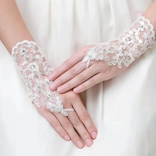 HASTHIP® Guantes de Encaje Blanco sin Dedos para Mujer - Guantes de Boda Elásticos Malla Elegantes para Novia,Damas Honor,Fiesta y Vestidos Formales