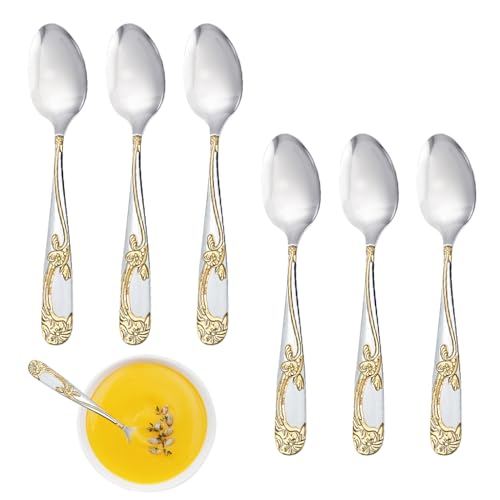 HASTHIP® 6Pcs Kitchen Spoons and Knives Set 8'' Stainless Steel Spoons Soup Spoon Elegant Embossed Handle Design Kitchen Flatware Cutlery Set Family Spoon Set Home Gift, Elegant Embossed Handle Design