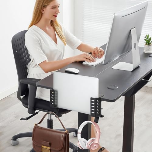 HASTHIP® 2 in 1 Tablet and Laptop Holder for Desk Edge, Aluminum Alloy Adjustable Stand Organizer with Headphone Hook, Secure Screw Mounting, Space Saving Desktop Headset Support for All Headphones