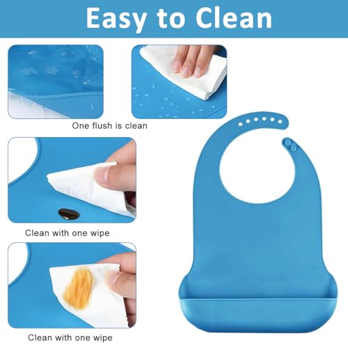HASTHIP® Silicone Reusable Adult Bib, Waterproof Dining Bib for Elderly & Patients, Adjustable Neck Strap, Easy Clean, Catch-All Pocket, Small Size 17.7x11.4 Inches, Blue