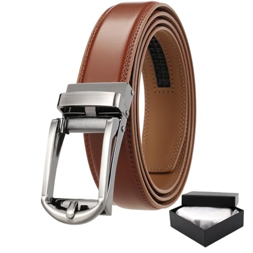 HASTHIP® Belts for Men Brown Ratchet Leather Belt Auto-lock Sliding Buckle Formal Belts Casual Man Belt for 43-41in (110cm-130cm); Waist, Father's Day Gift