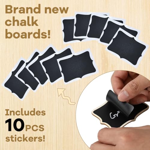 HASTHIP® 10Pcs Small Chalkboard Sign with Wooden Stands, 2 Designs, Fancy Wooden Frame Writable Mini Chalkboard Displaying Boards with 10 Replacement Writing Stickers, 10x7.5cm