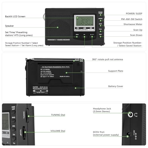 HASTHIP® BrandName Portable Multi-Band Radio FM/AM/SW LCD Display, Battery Operated Transistor Radio with Earphone Jack, Auto Search, Lanyard, Travel Camping Outdoor Personal Music Player