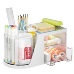 HASTHIP® Stationary Organizers Box, Desk Storage Box and Organiser with 2 Pull Out Drawer, 360° Rotating Pen Stand for Office Stationery Supplies, Study Table Organiser