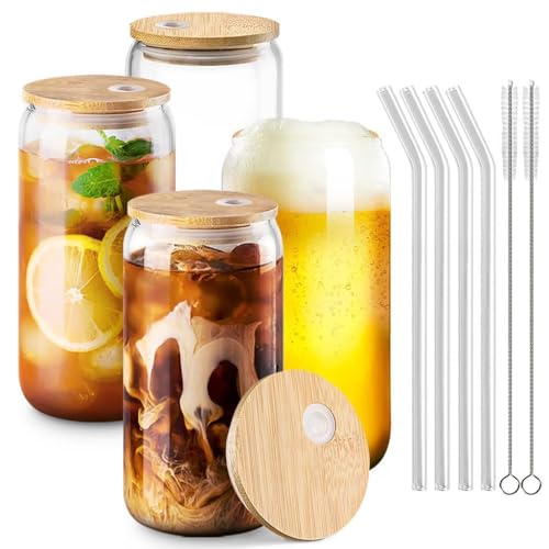 HASTHIP® 4Pcs Glass Drinking Bottle with Wooden Lids 16Oz Cool/Hot Drinks Glass Drinkwares with 4 Bent Glass Straws & 1 Straw Cleaning Brush Heat Resistant Borosilicate Glass Drinking Bottles