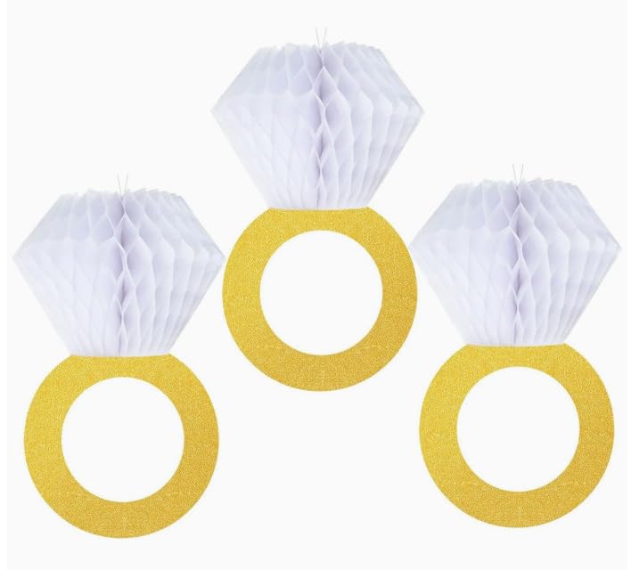 HASTHIP® 3 Pieces Glitter Gold Honeycomb Diamond Ring Hanging Decorations Reusable Paper Party Decor for Engagement Bachelorette Bridal Shower Anniversary