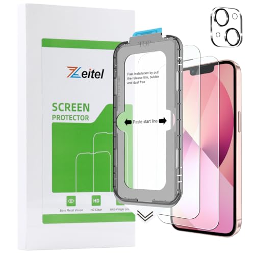 HASTHIP® Tempered Glass Screen Protector for iPhone 13 with Anti Fingerprint, Easy Installation Kit, HD Clarity, Full Coverage, 2 Pack Scratch Resistant Screen Protectors & 1 Lens Protector