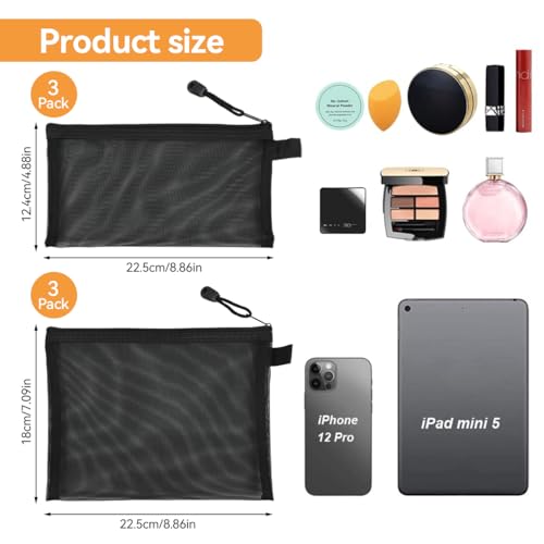 HASTHIP® 6 Pack Mesh Makeup Bags, Nylon Zipper Pouches for Cosmetics, Travel Organizer for Home, Office, Purse, Diaper Bag - Black