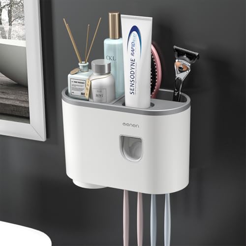HASTHIP® Wall Mounted Toothbrush Holder with Toothpaste Dispenser and Cup, 3 in 1 Self-Adhesive Bathroom Organizer for Electric Toothbrushes and Accessories