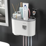 HASTHIP® Wall Mounted Toothbrush Holder with Toothpaste Dispenser and Cup, 3 in 1 Self-Adhesive Bathroom Organizer for Electric Toothbrushes and Accessories