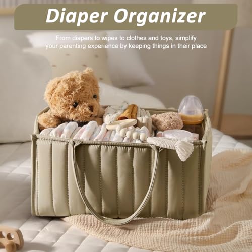 HASTHIP® BabyCaddy Baby Diaper Caddy Organizer, Portable Nursery Storage Basket with 3 Compartments, Soft Felt Handbag, Large Capacity Diaper Bag for Baby Essentials, Travel & Home Nursery Organizer,