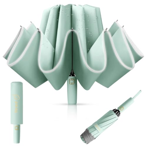 HASTHIP® Auto 3-Fold Large Umbrella with Reflective Strip, 50'' Compact Travel Umbrella, One-Touch Open/Close, Reinforced 10 Dual Ribs, Sun Protection 99 UV & Rain & Windproof for Men Women (Mint