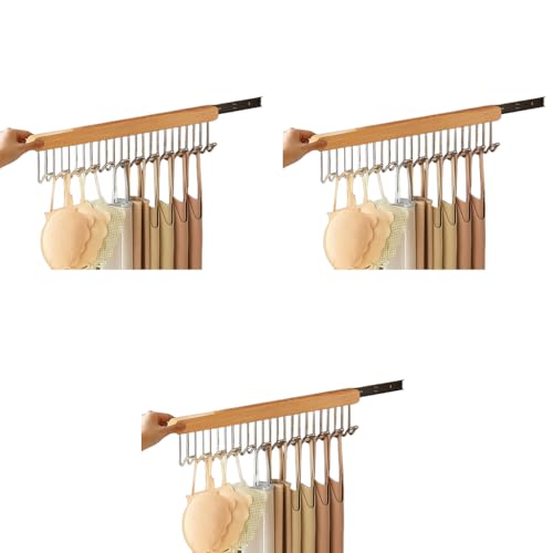 HASTHIP® Belt Organiser for Wardrobe Wooden Sliding Pull Out Hanger Organizer Storage with 12 Hooks to Take Bra Scarf Tie Hat Left Pull Design 41x8cm 3PCS