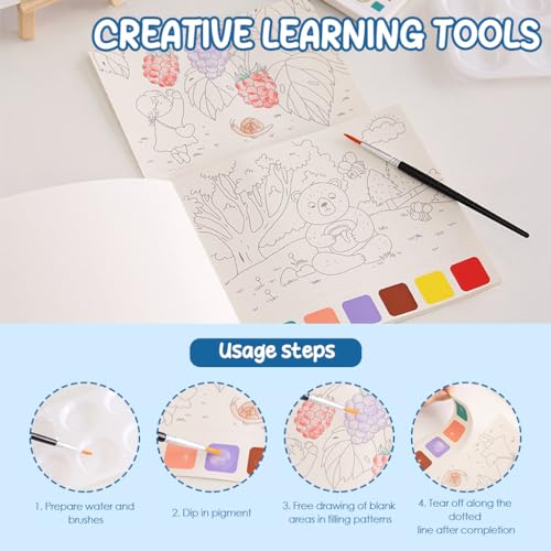 HASTHIP® 2Pcs Kids Watercolor Painting Book Set, Reusable Water Coloring Books for Toddlers Age 3+, Hard Paper Water Colour Book with Pigments & Paint Brush, Educational Art Craft Kit for Boys Girls