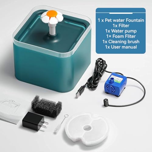 HASTHIP® 2.2L Cat Water Fountain,Auto Pet Water Fountain for Cats with LED Light,Cute Floral Ultra Quiet Cat Dog Dispenser with Filter (Green Fountain)