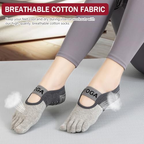 HASTHIP® 3 Pairs Yoga Socks for Women, Breathable Cotton 5-Toe Socks for Women, Anti Skid Women Socks, Elastic Strap Design for Pilates, Dance, Barre, Home Workout & Barefoot Fitness