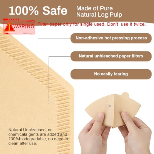 HASTHIP® 100 Count Unbleached V60 Coffee Filters,Natural Cone Shaped Disposable Paper for Pour Over and Drip Coffee Makers,Fits 2-4 Cup Brewers Eco-Friendly Wedge Filter