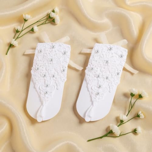 HASTHIP® Guantes de Encaje Blanco sin Dedos para Mujer - Guantes de Boda Elásticos Malla Elegantes para Novia,Damas Honor,Fiesta y Vestidos Formales